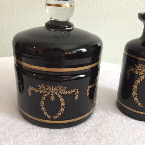 PV France Portieux Vallerysthal French Black Glass Vanity Set 2 Perfume Bottles - Picture 2 of 16